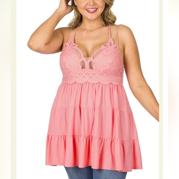 PLUS Pink Ombre Crocheted Lace Cami Crisscross Straps Top - Picture 2 of 4